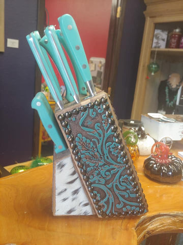 Image of Turquoise and Brown Cowhide Knife Set by Tricked Out Ponies