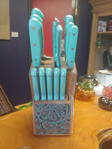 Image of Turquoise and Brown Cowhide Knife Set by Tricked Out Ponies