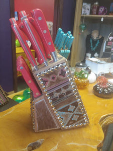 Brown/Turquoise/Red Cowhide Knife Set by Tricked Out Ponies